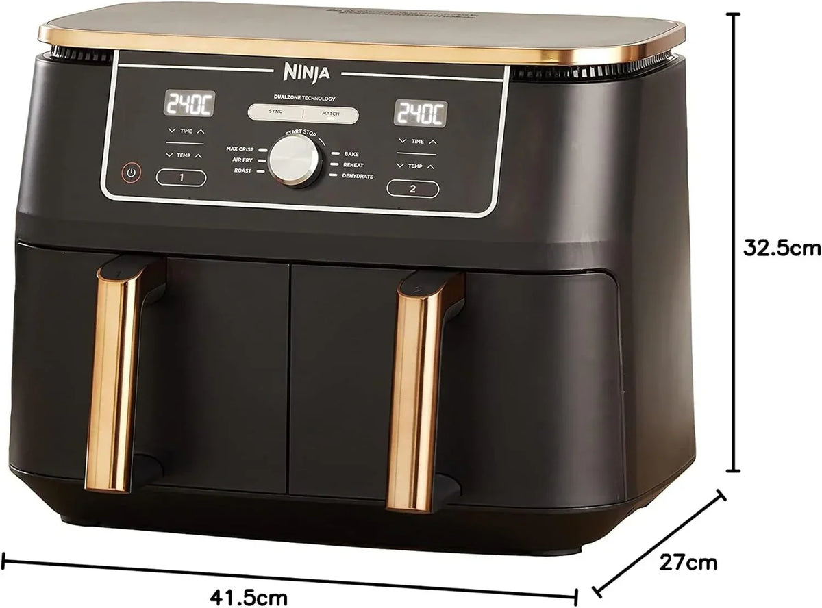 Fritadeira Ninja Foodi MAX de Compartimento Duplo, 9.6L, 6 em 1, Sem Óleo, Max Crisp, Assar, Grelhar e Mais, Pinças, 8 Porções, Cestos Antiaderentes, Cobre e Preto, AF400EUCP