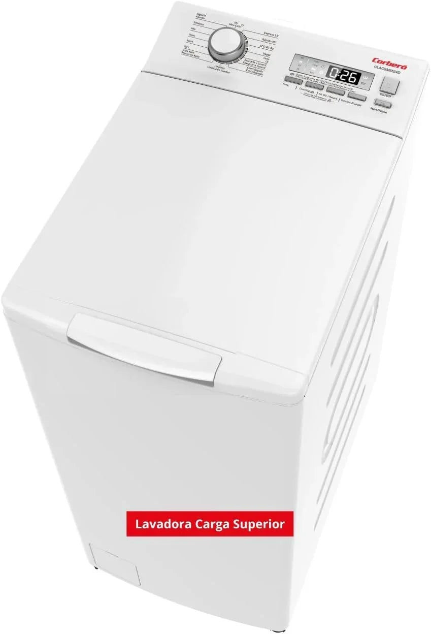 Corberó – Máquina de Lavar Roupa de Carga Superior 6.5 kg | CLACSM6524 | 1200 RPM | 16 Programas, Função Vapor, ECO, Limpeza do Tambor | Início Diferido | Lavagem Rápida | Fácil Engomar | Indicadores LED | Branco