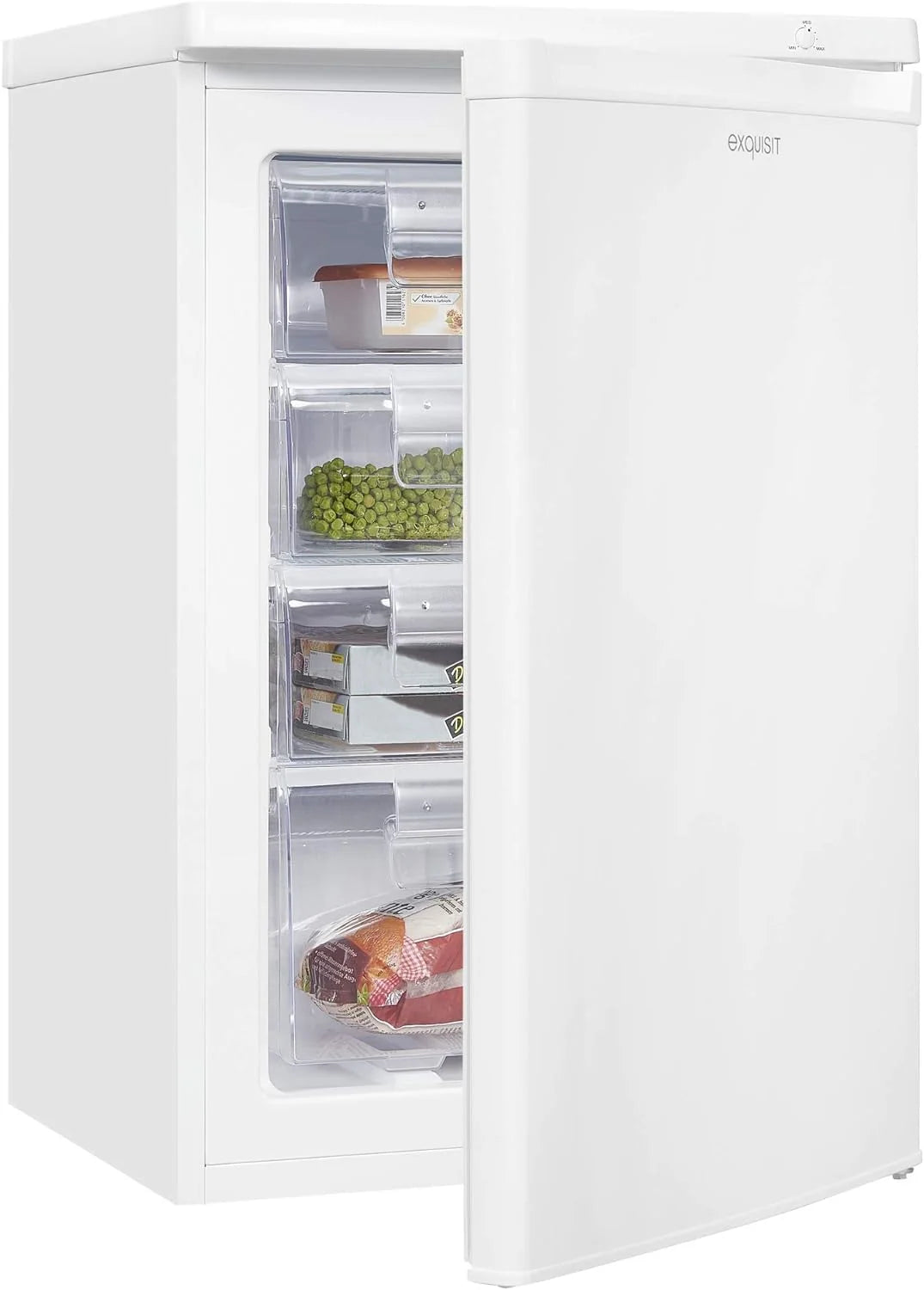 Exquisit® Freezer de Mesa 91L, Cor Branco, Classe E, Congelador 4 Estrelas, 4 Gavetas Transparentes, Porta Reversível, Controle de Temperatura, Medidas (85,5 x 55,0 x 58,0 cm)