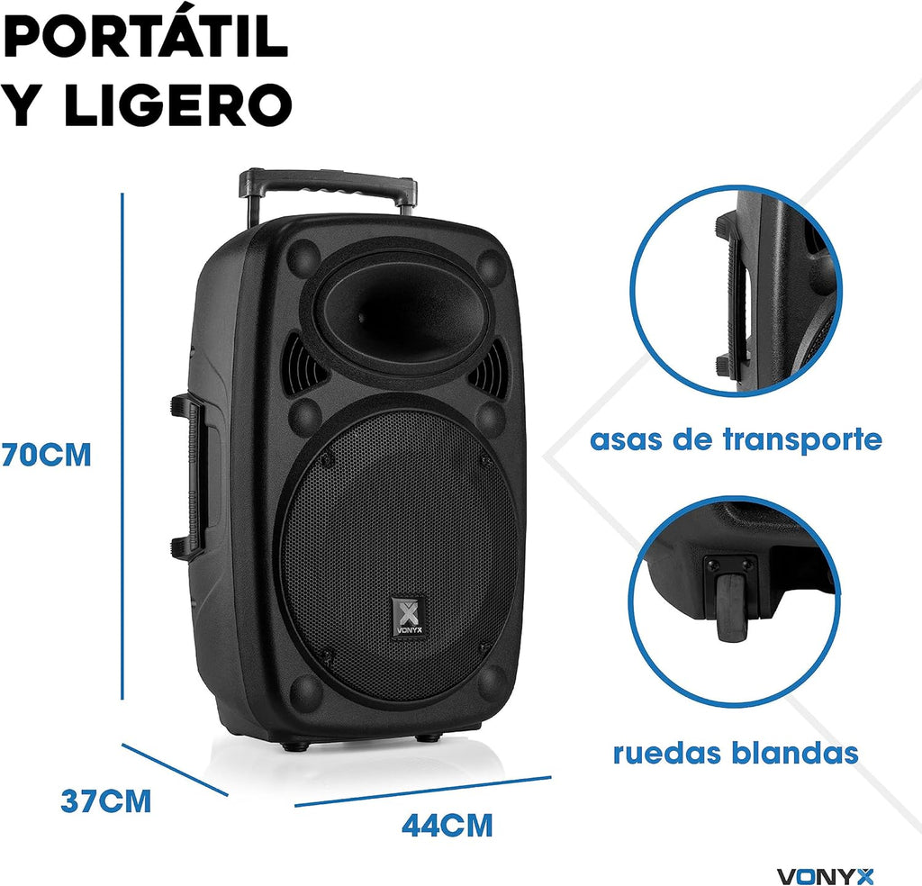 Vonyx Verve46 Poderosa Caixa de Som Bluetooth 1000 W, Caixa de Som Portátil Amplificada com Microfone de Karaokê, Caixa de Som Bluetooth USB, SD, MP3, AUX, 2 Microfones UHF, Controle Remoto, Subwoofer 15 Polegadas, Preto