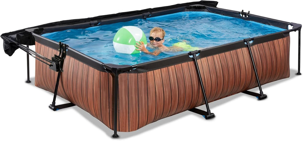 EXIT Toys Piscina de Madeira com Toldo Solar - 300x200x65cm - Piscina de Estrutura Retangular Compacta com Bomba de Filtro de Cartucho - Ótima Proteção UV - Fácil Acesso - Design Exclusivo - Marrom