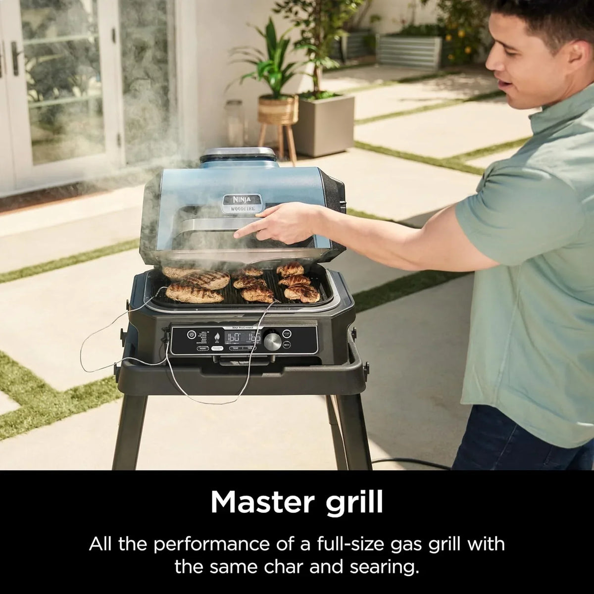 2026 Grelhador e defumador externo Ninja Woodfire Pro XL, termômetro, grelhador principal 4 em 1, churrasqueira defumadora, fritadeira de ar externa, forno, portátil, grelhador elétrico, cinza escuro, modelo OG850