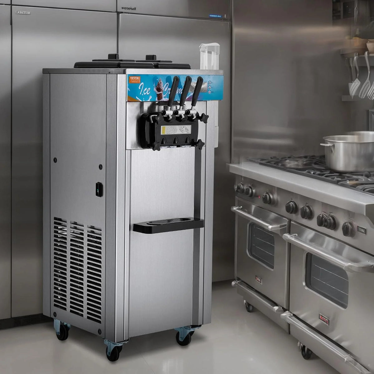 Máquina de Sorvete Comercial VEVOR 21-31 L/h 1500 W 3 Sabores Máquina de Fazer Sorvete 2 Tremonhas de 5,5 L Independente Pré-Resfriamento Limpeza Automática para Restaurante Bar Mercado Loja