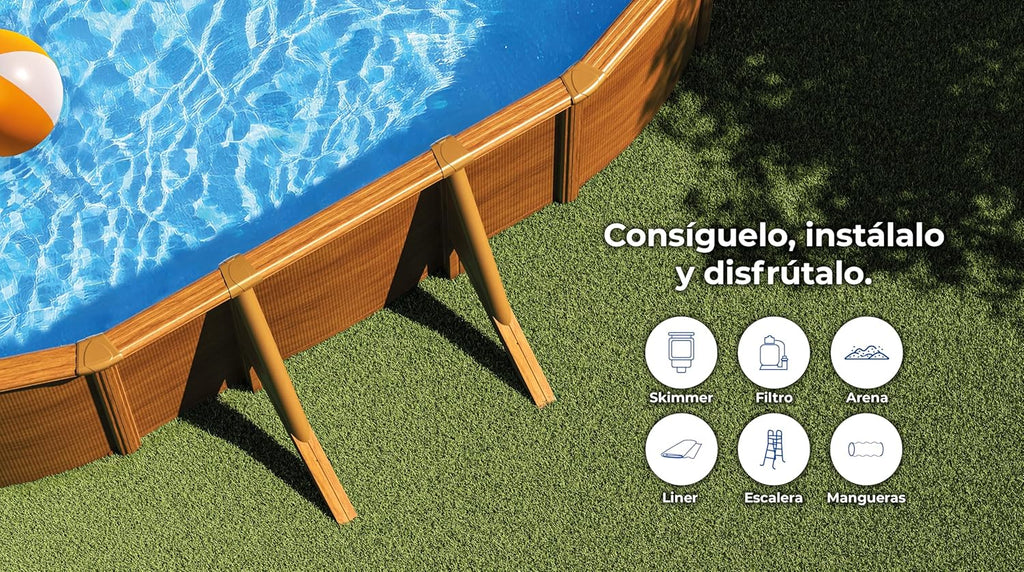 Piscina Elevada de Aço, Oval com Aspecto Madeira. Piscinas Desmontáveis para Jardim. 730 x 375 x 120 cm - Piscina Gre KIT730W Pacific.