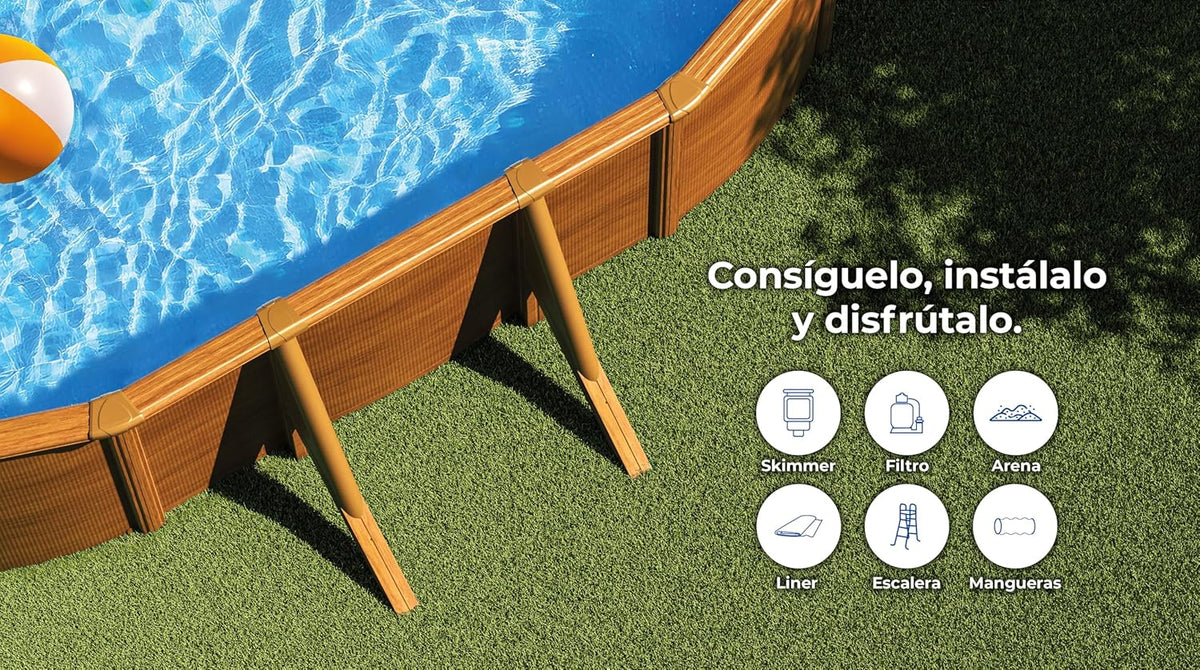 Piscina Elevada de Aço, Oval com Aspecto Madeira. Piscinas Desmontáveis para Jardim. 730 x 375 x 120 cm - Piscina Gre KIT730W Pacific.