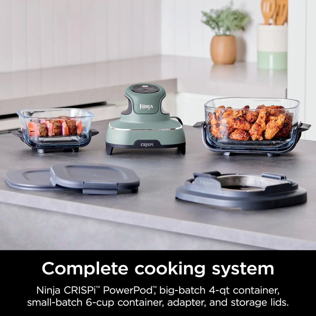 Fritadeira de Ar Quente Ninja Crispi 2026, Compatível com Micro-ondas, Freezer e Lava-louças, Sistema Portátil de Culinária em Vidro Não Tóxico, Recipiente de Vidro de 1,5 L com 6 Copos e Tampas