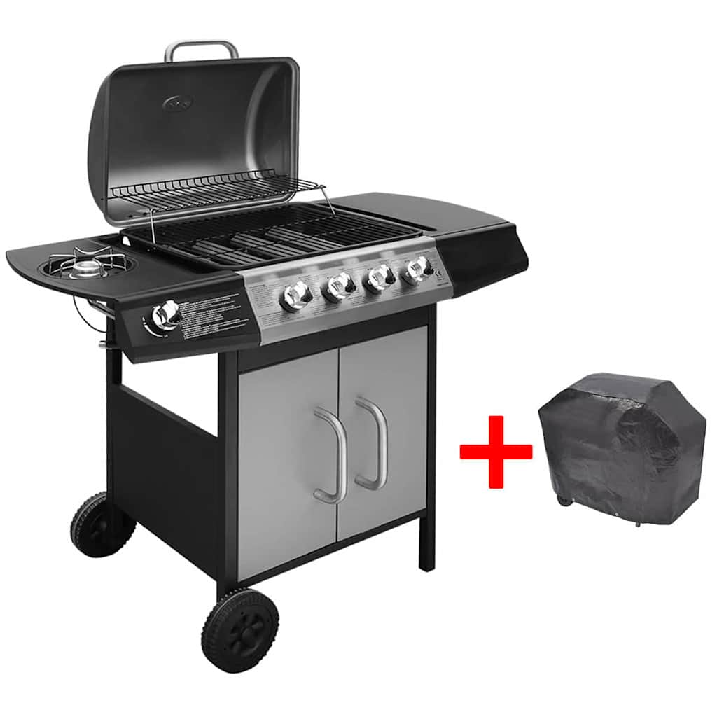 Churrasqueira a gás Barbacoa 2026 com 4+1 zonas de cozimento, preta e prateada V8143