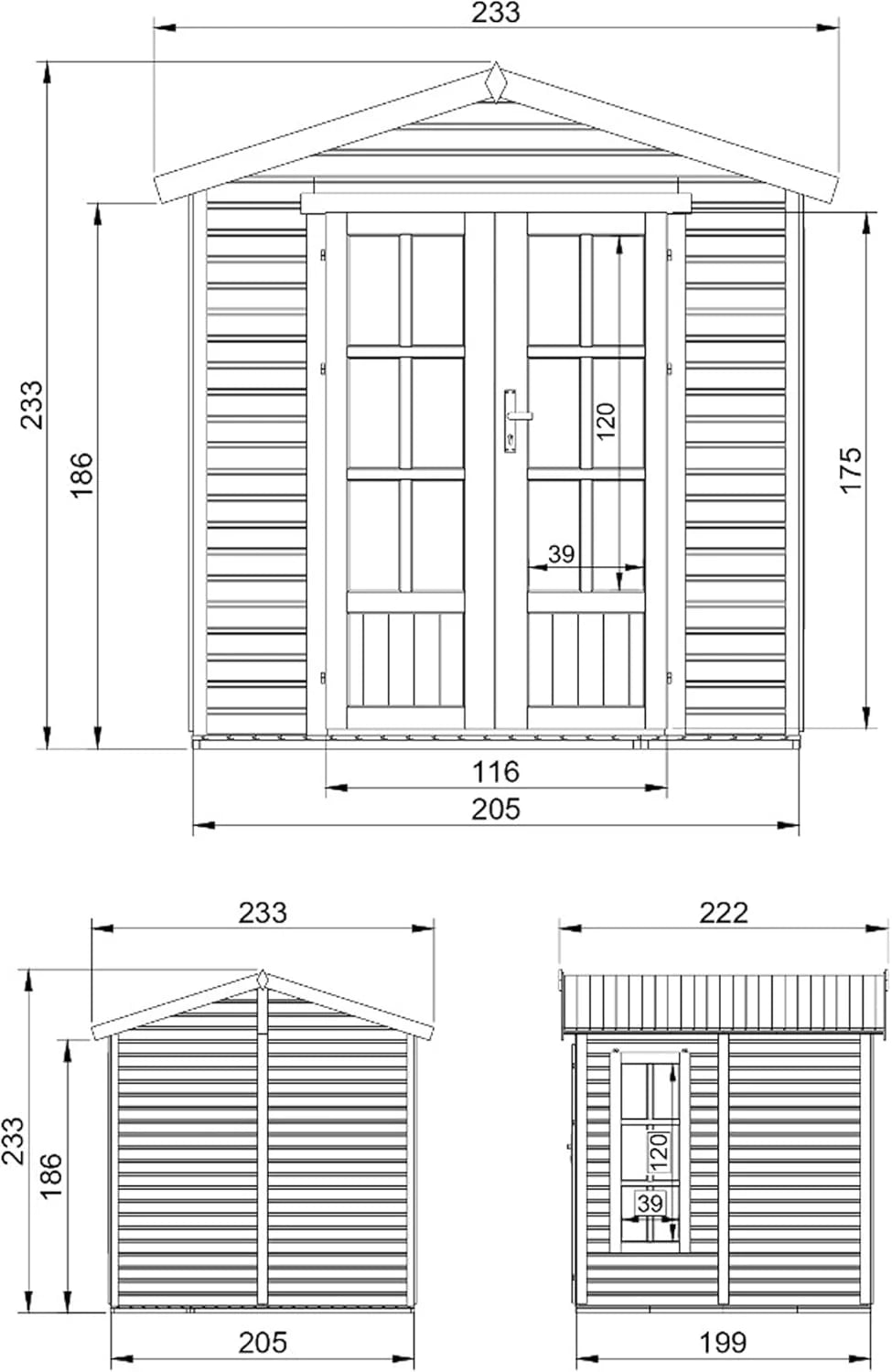 Casinha de Jardim de Madeira com Telhas Betuminosas Cinzentas L233 x P222 x A233 cm, Casinha de Madeira com Chão, Janela, Porta Dupla, Cabana de Jardim, Oficina ou Estúdio de Jardim TIMBELA M351FB