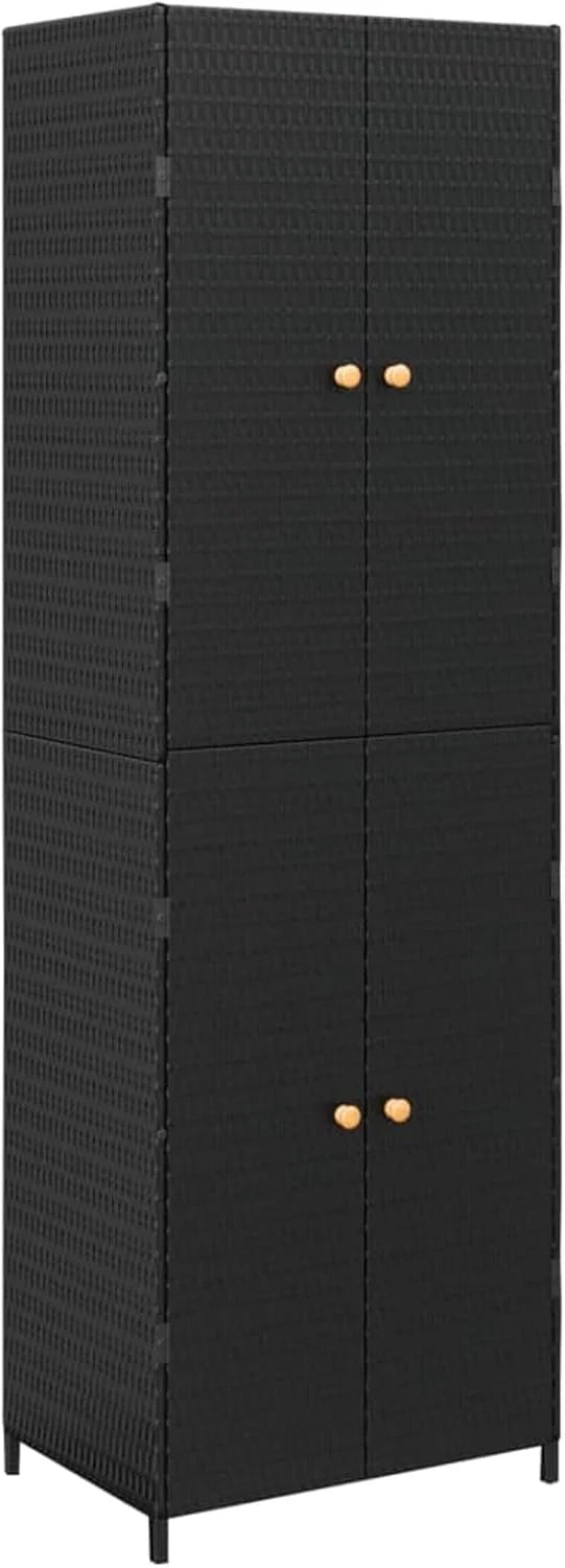 Armário de armazenamento de jardim em vime PE preto, baús de jardim externos 59x40x180 cm