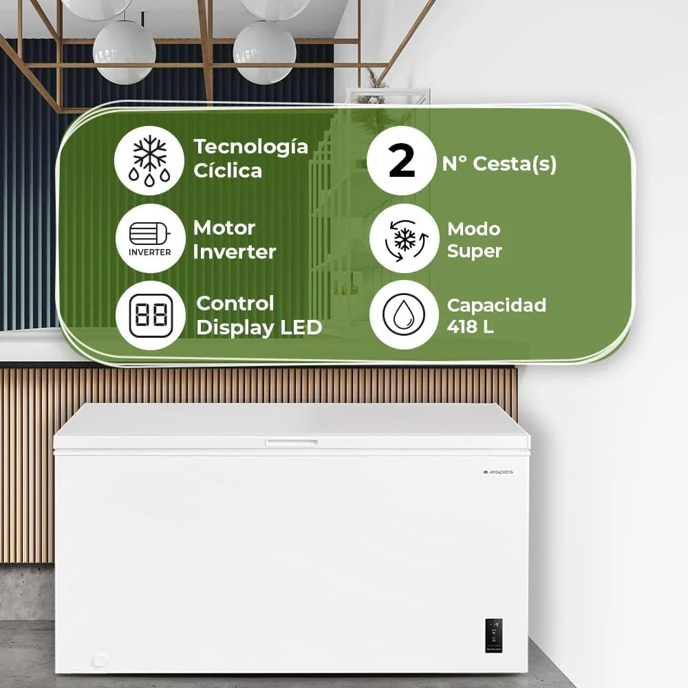Aspes Congelador Horizontal Branco ACHH4500EDC. Capacidade 418 Litros, Dual Cooling, 2 Cestos, Baixo Nível de Ruído, Eficiência Energética Classe E
