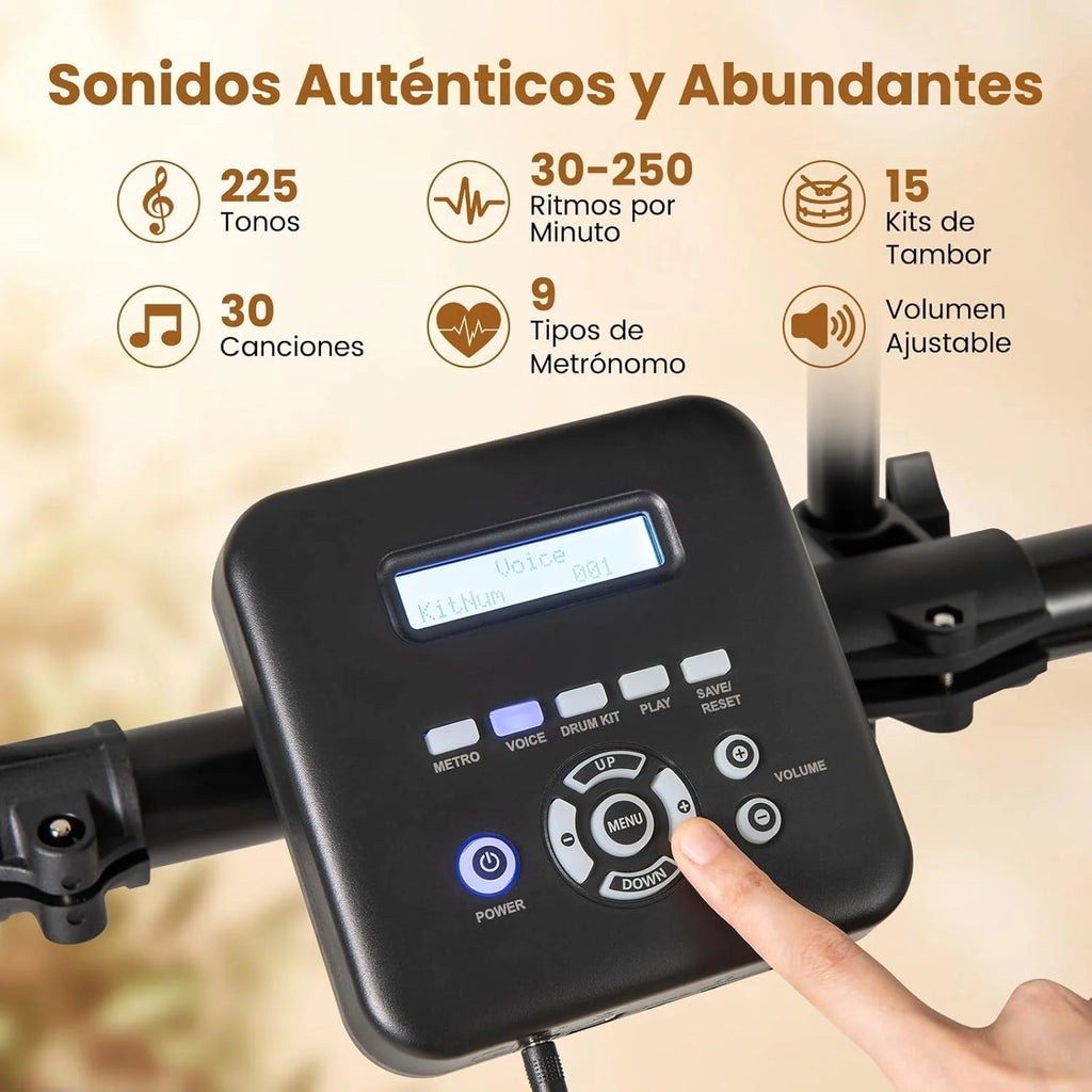 COSTWAY Bateria Eletrónica, Kit de Bateria Dobrável com Pads de Malha Silenciosos, Prato, 225 Sons e 30 Demos, Metrônomo e USB MIDI, Bumbo, 2 Baquetas, Banco Ajustável, para Adultos e Crianças