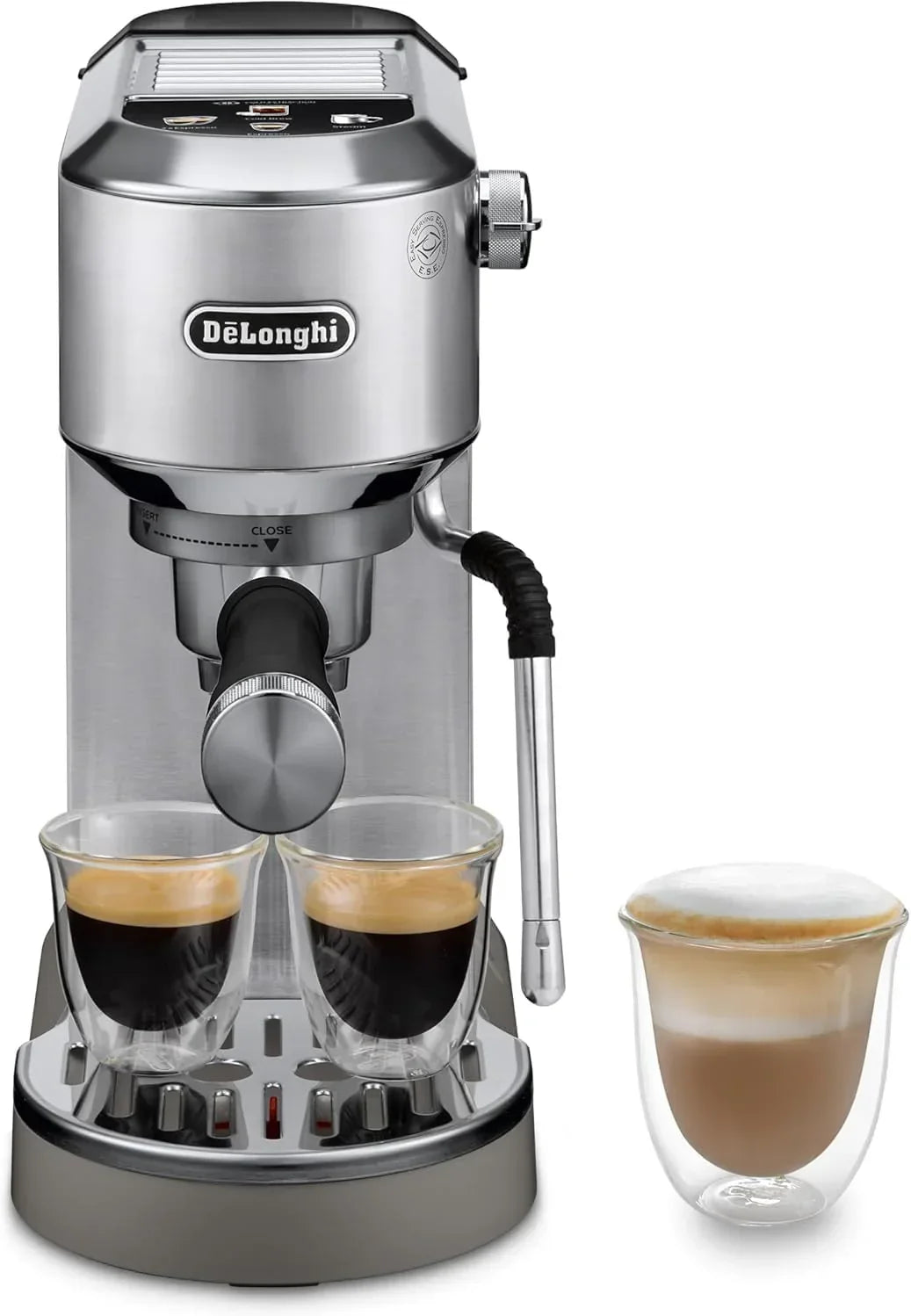 De'Longhi Dedica – Cafeteira de Bomba em Aço Inoxidável para Café Moído ou Saquetas, Espresso e Cappuccino, Reservatório de 1.3 Litros, Sistema Anti-pingo, Modelo EC685.M, Cor Metal