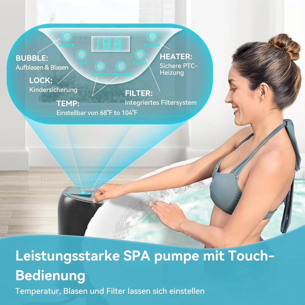 Banhira de Hidromassagem Inflável para 4 Pessoas, 2400 W, Interno/Externo, Piscina de Spa de Inverno, com 120 Jatos de Ar, Proteção Contra Congelamento, 799 Litros, À Prova de Vazamento, Economia de Energia