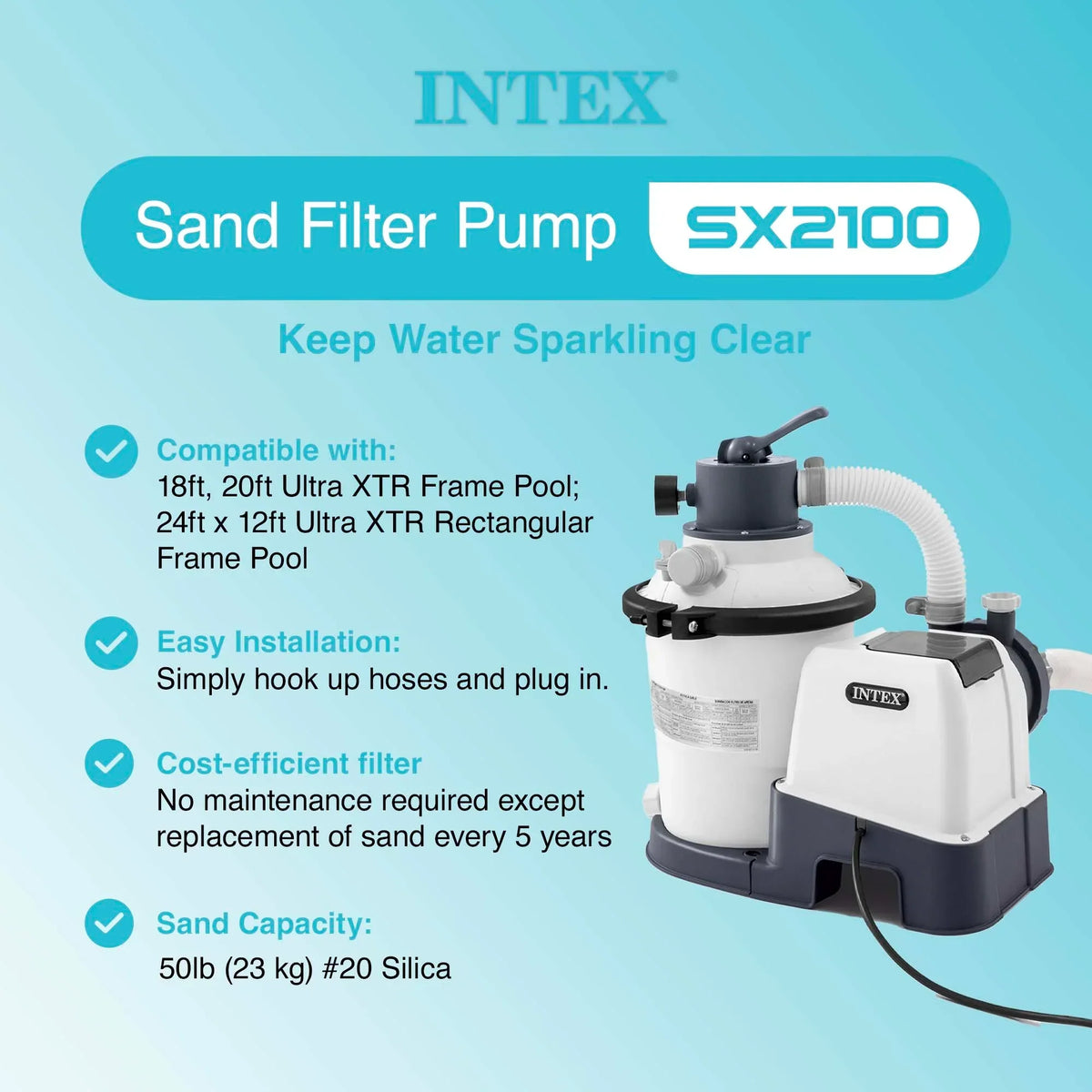 2025 Bomba de filtro de areia Intex 2100 GPH para piscinas de superfície com aspirador automático