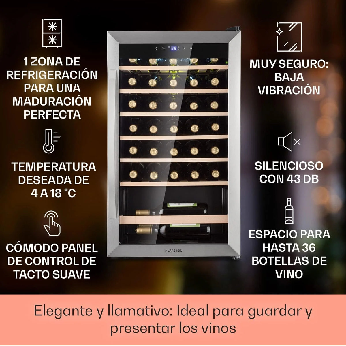 Klarstein Vinoteca 36 Garrafas, Frigorífico de Vinhos, Zona Única de Refrigeração, Frigorífico Expositor de Vinhos e Cervejas, Vinoteca para Interiores e Exteriores com Porta de Vidro, Frigorífico de Vinhos com Proteção UV, 4-18°C