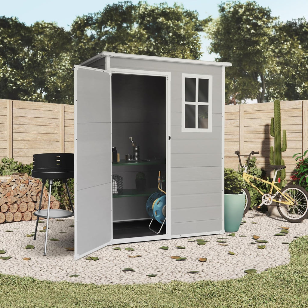 Wasabi - Armário de Resina para Jardim Unidade 1.4 – Janela de Luz Natural - Chão Incluído - Painéis de 12mm de Espessura - Cinza Branco - Galpão de PVC para Armazenamento Exterior - 1,37m2 - Telhado Plano