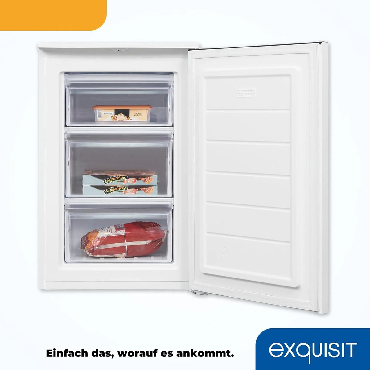 Congelador vertical Exquisit, 87L, 4 estrelas, classe D, cor branca, 3 gavetas, degelo manual, termostato ajustável, porta reversível, 40 dB, consumo 132 kWh/ano, 85,5x54,5x58 cm