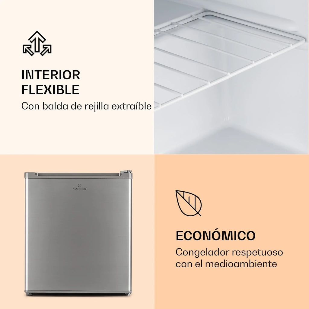 Klarstein Congelador Pequeno Vertical, Mini Congelador Portátil Silencioso para Casa e Escritório, Capacidade 33 l. com Prateleira, Eficiência Energética, Bandeja de Gelo e Raspador