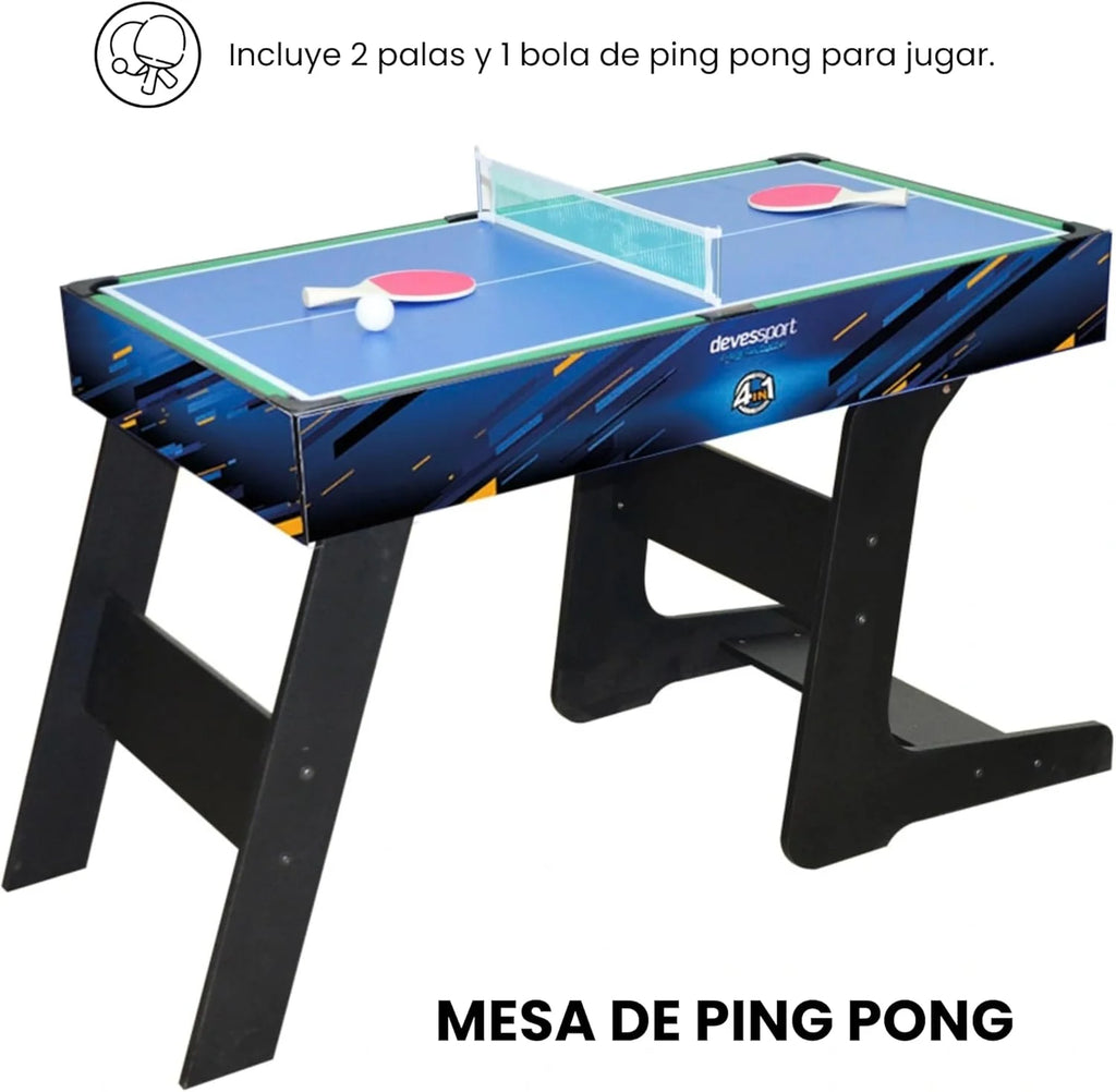 DEVESSPORT Multijogo Dobrável 4 em 1 Sport Arena | Pebolim, Bilhar, Air Hockey e Tênis de Mesa | Mesa de Jogos Dobrável com Acessórios Inclusos