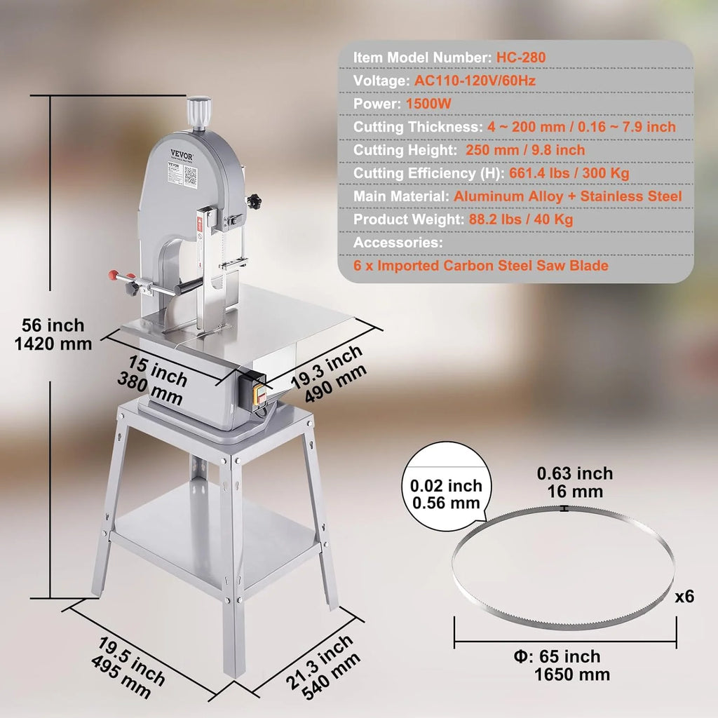 Serra Elétrica Comercial VEVOR para Ossos de Açougueiro, Serra de Fita para Ossos 1500 W 300 kg/h, Serra Elétrica para Carne Congelada e Ossos com Espessura de 4-200 mm para Restaurante 54x49,5x142 cm