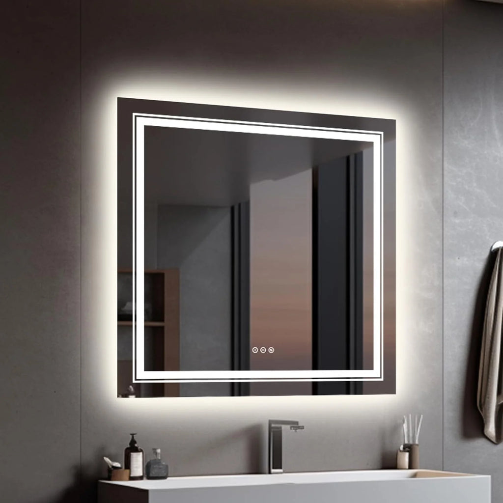 Espelho de Banheiro LED Quadrado LUVODI: 80x80 Espelho de Banheiro de Parede Anti-embaciamento Retroiluminado 80x80cm com Fonte de Luz LED Dupla Interruptor Sensível ao Toque Inteligente sem Moldura para Maquiagem Banheiro Lavabo