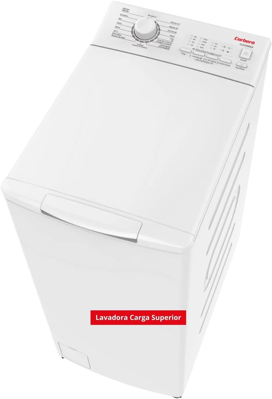Corberó - Máquina de Lavar Roupa de Carga Superior 6.5kg | CLACSM6524 | 1200 RPM | 16 Programas, Função Vapor, ECO, Limpeza do Tambor | Início Diferido | Lavagem Rápida | Engomar Fácil | Indicadores LED | Branco