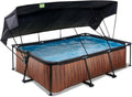 EXIT Toys Wood Pool com Toldo Solar - 220x150x65cm - Piscina de Estrutura Retangular Compacta com Bomba de Filtro de Cartucho - Proteção UV Ótima - Fácil Acesso - Design Exclusivo - Marrom
