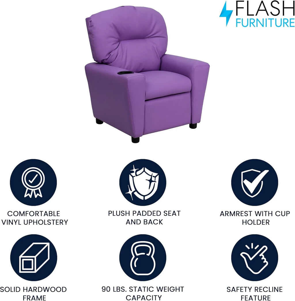 Poltrona Reclinável Infantil Contemporânea Flash Furniture com Porta-Copos, Madeira, Vinil Bege, 66,04 x 53,34 x 53,34 cm