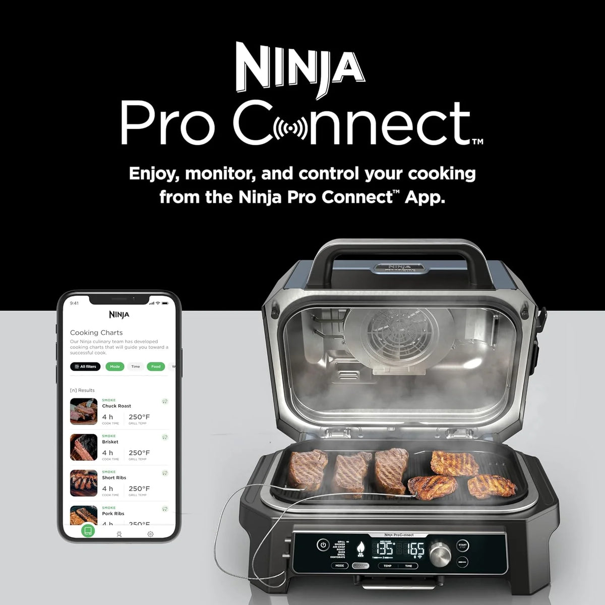 2026 Grelhador e defumador externo Ninja Woodfire Pro XL, termômetro, grelhador principal 4 em 1, churrasqueira defumadora, fritadeira de ar externa, forno, portátil, grelhador elétrico, cinza escuro, modelo OG850