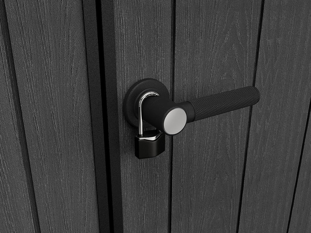 Keter Artisan Abrigo de Jardim, 11 x 7 cm, Resistente às Condições Climáticas, com Chão, Teto Inclinado, Portas Duplas e Janelas, Ideal para Armazenamento ao Ar Livre, 342 x 218 x 226 cm, 13,7 m³,