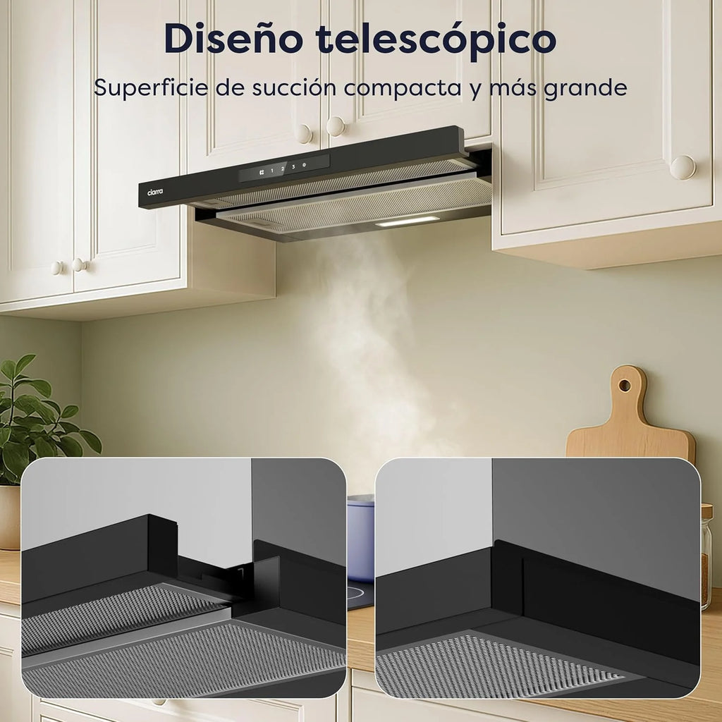 CIARRA CBCB6909A Coifa de Parede Telescópica Preta para Cozinha 60 cm 600 m³/h Classe A+ 3 Níveis Controle Touch Iluminação LED Filtro de Carvão CBCF055