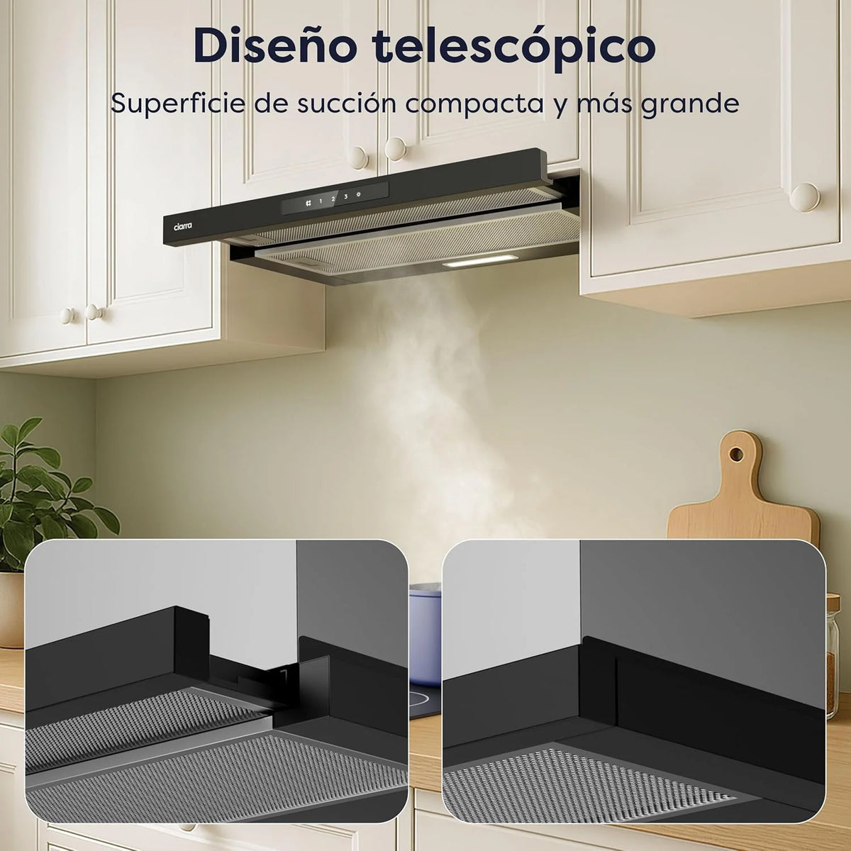 CIARRA CBCB6909A Coifa de Parede Telescópica Preta para Cozinha 60 cm 600 m³/h Classe A+ 3 Níveis Controle Touch Iluminação LED Filtro de Carvão CBCF055