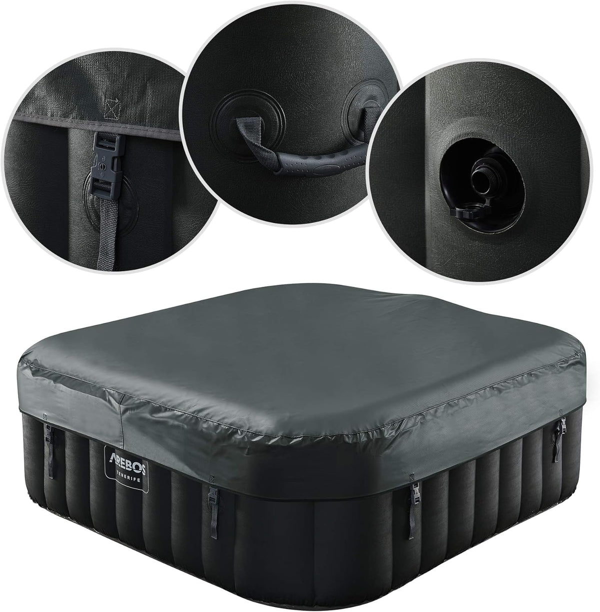 Arebos Whirlpool Inflável | Banheira de Hidromassagem | 185 x 185 cm | para 6 Pessoas | Faixa de LED Luminosa | 130 Jatos de Massagem | 910 Litros | Inclui Cobertura | Massagem Borbulhante e Bem-Estar
