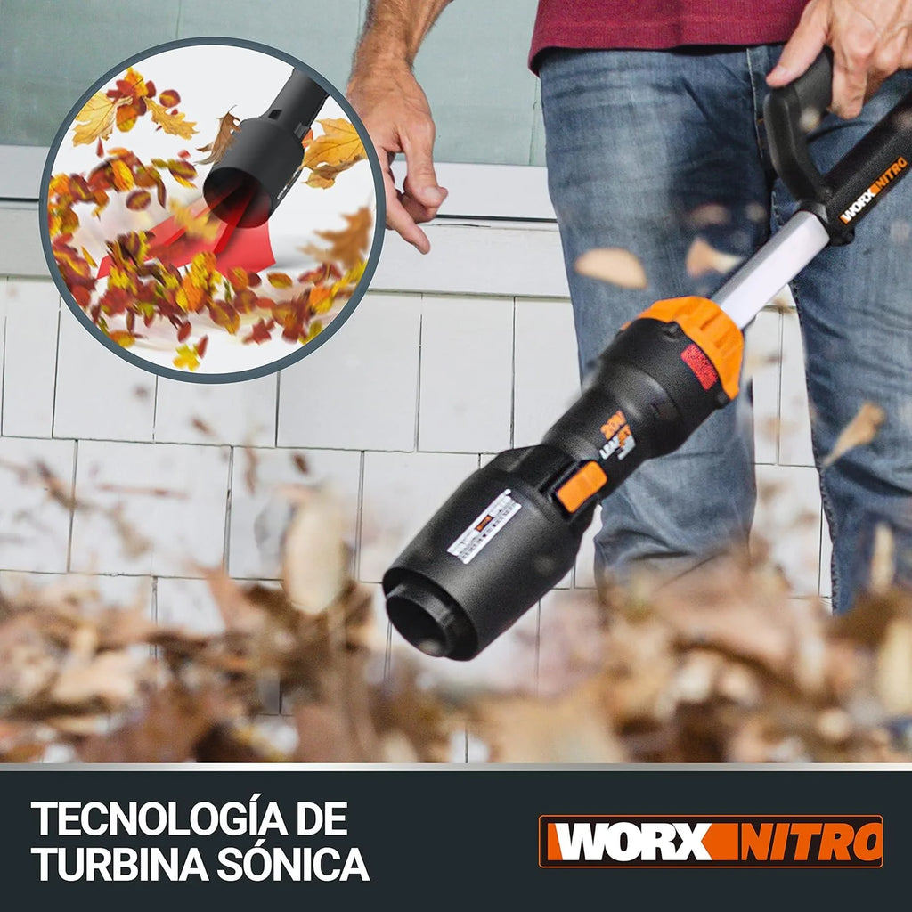 WORX WG543E Soprador de Folhas 20V-4Ah Nitro, superleve 1,7kg, Motor brushless, 209km/h, turbina de Alto Volume e Velocidade, para Limpeza de Jardins, Caminhos e Terrenos, Inclui Bateria e Carregador