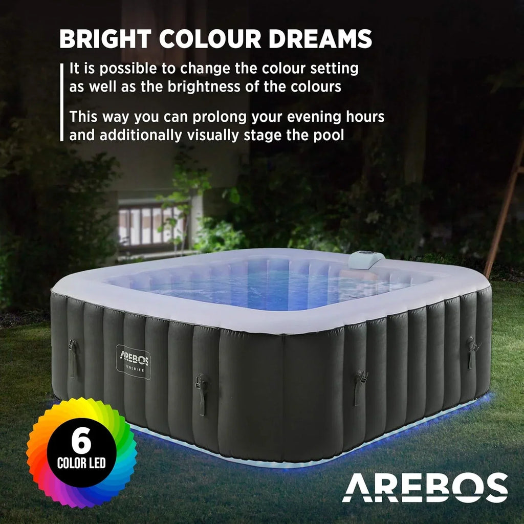 Arebos Whirlpool Inflável | Banheira de Hidromassagem | 185 x 185 cm | para 6 Pessoas | Faixa de LED Luminosa | 130 Jatos de Massagem | 910 Litros | Inclui Cobertura | Massagem Borbulhante e Bem-Estar