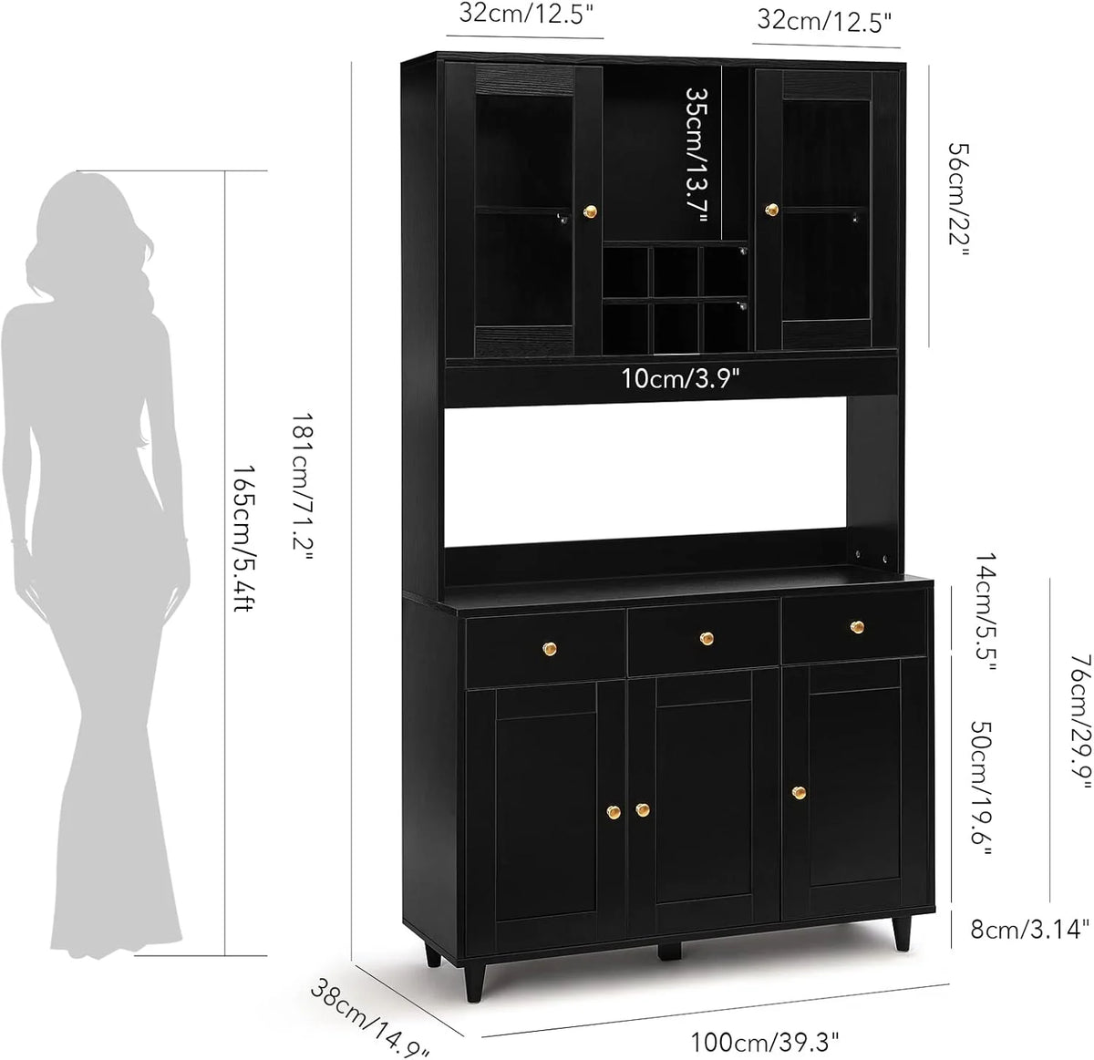 VOWNER Armário Aparador de Cozinha/Buffet, 100L x 38W x 181H cm, Armário Auxiliar de Armazenamento, 5 Portas e 5 Prateleiras Ajustáveis, Branco