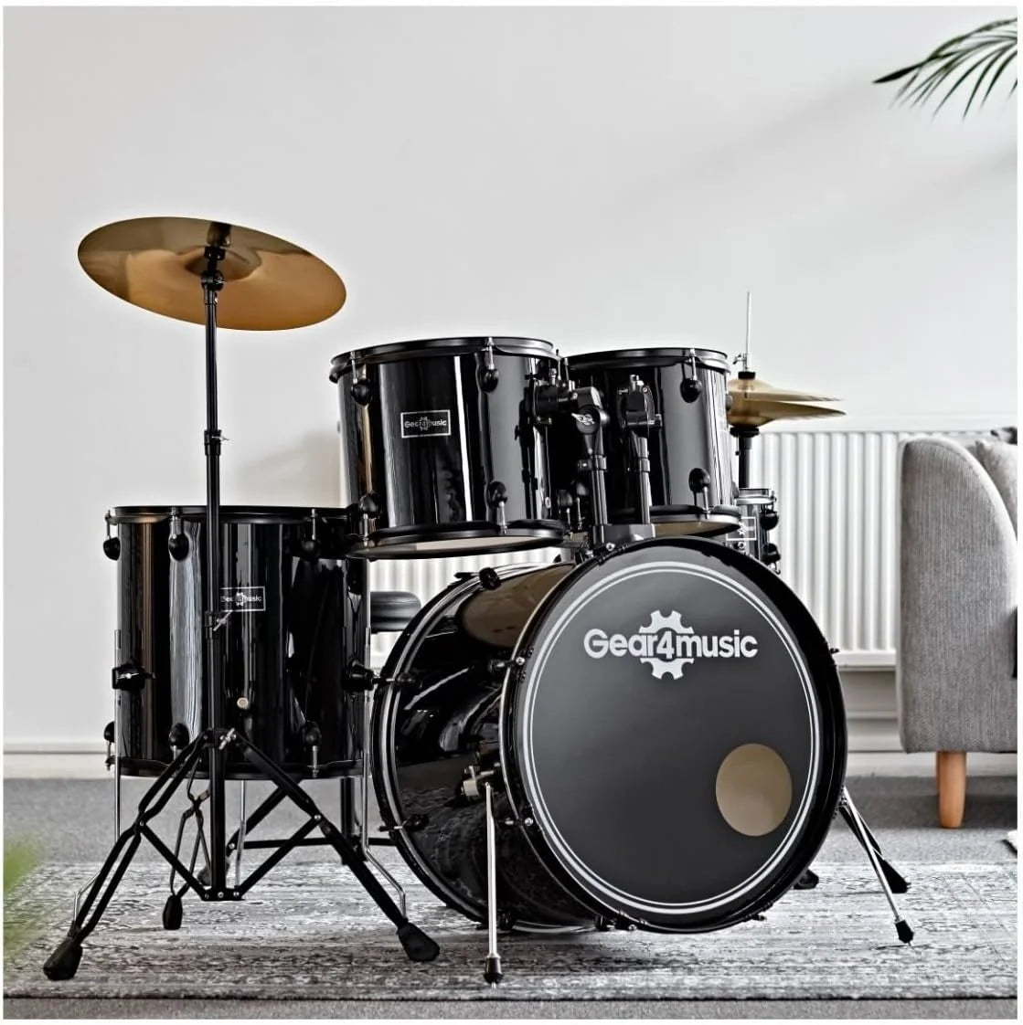 Gear4music BDK-1 Kit de Bateria Compacta Completa para Iniciantes - Bateria Acústica de 5 Peças, Pratos, Pedal de Bumbo, Banco e Baquetas - Preto
