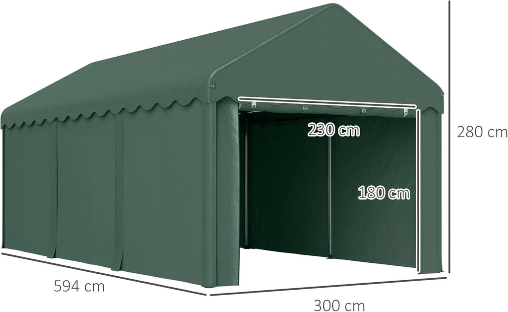 Outsunny Garagem Barraca 6x3m Garagem Externa para Carro Impermeável Garagem Portátil Anti-UV com Paredes Laterais Removíveis e 2 Portas com Zíper Verde