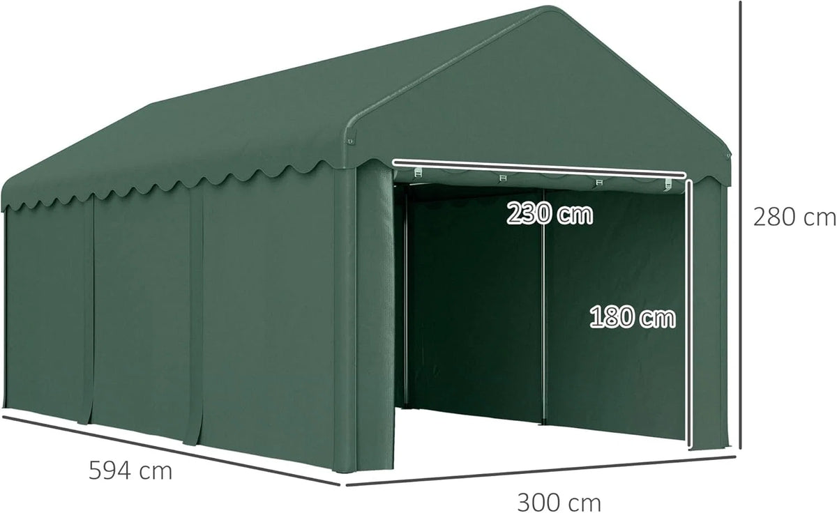 Outsunny Garagem Barraca 6x3m Garagem Externa para Carro Impermeável Garagem Portátil Anti-UV com Paredes Laterais Removíveis e 2 Portas com Zíper Verde