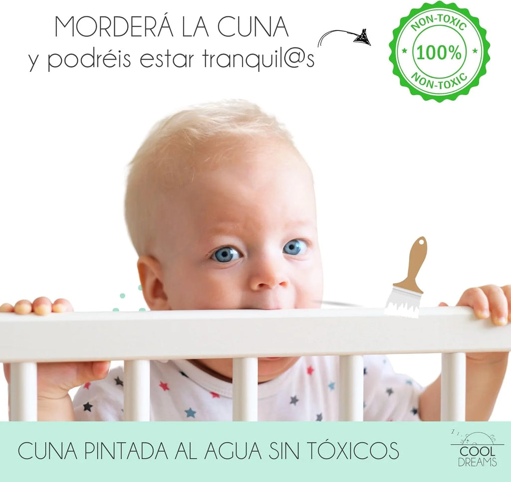 Cuna Co-Leito para Bebê, Kit para Unir a Cama com a Cama dos Pais, Colchão HR Morfeo Certificado Oeko-Tex® e CertiPUR, 4 Rodas, Lençol com Elástico e Lençol de Cima de Algodão Natural. Indi CoolDreams CoolDreams