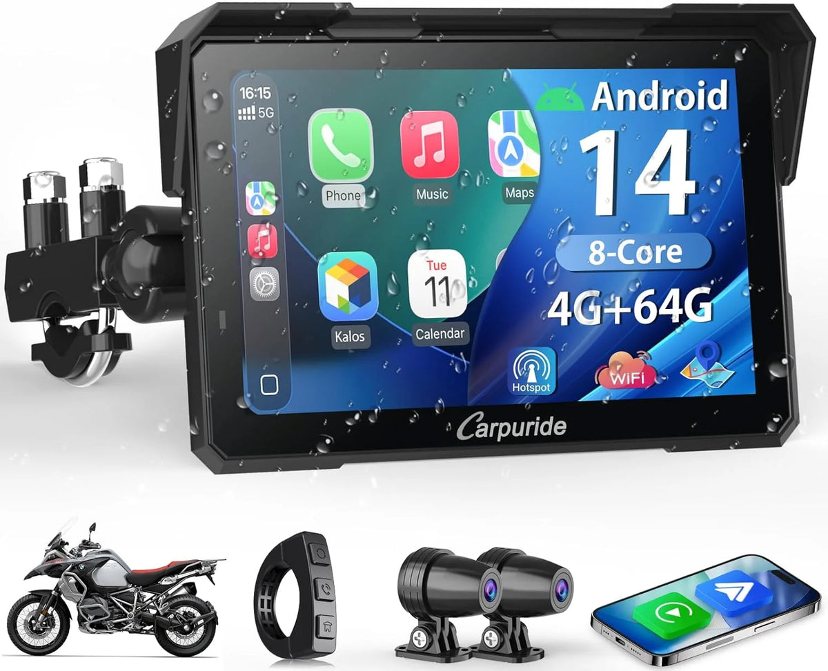 Carpuride W702 Plus Android 14 Motocicleta Carplay Tela com Câmera Dupla, CarPlay e Android Auto Sem Fio, Tela Sensível ao Toque à Prova d'Água de 7", Áudio BT, Gravação em Loop, Navegação Online e Offline.