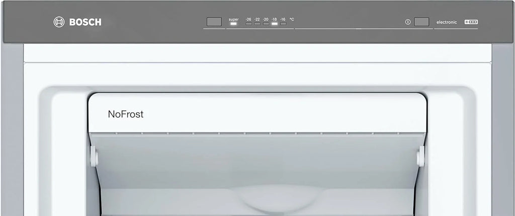 Bosch - Congelador Vertical NoFrost, Série 4, altura 186 x largura 60 cm, 242 L, Gavetas BigBox para alimentos grandes, Sistema MultiAirflow, Aço, GSN29VIEP