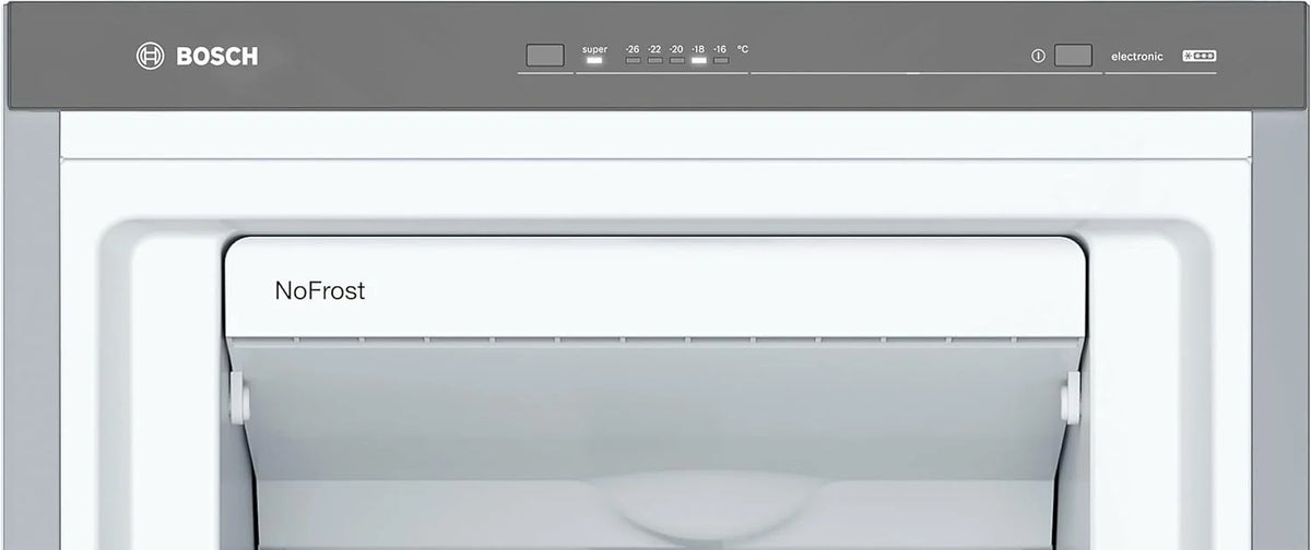 Bosch - Congelador Vertical NoFrost, Série 4, altura 186 x largura 60 cm, 242 L, Gavetas BigBox para alimentos grandes, Sistema MultiAirflow, Aço, GSN29VIEP