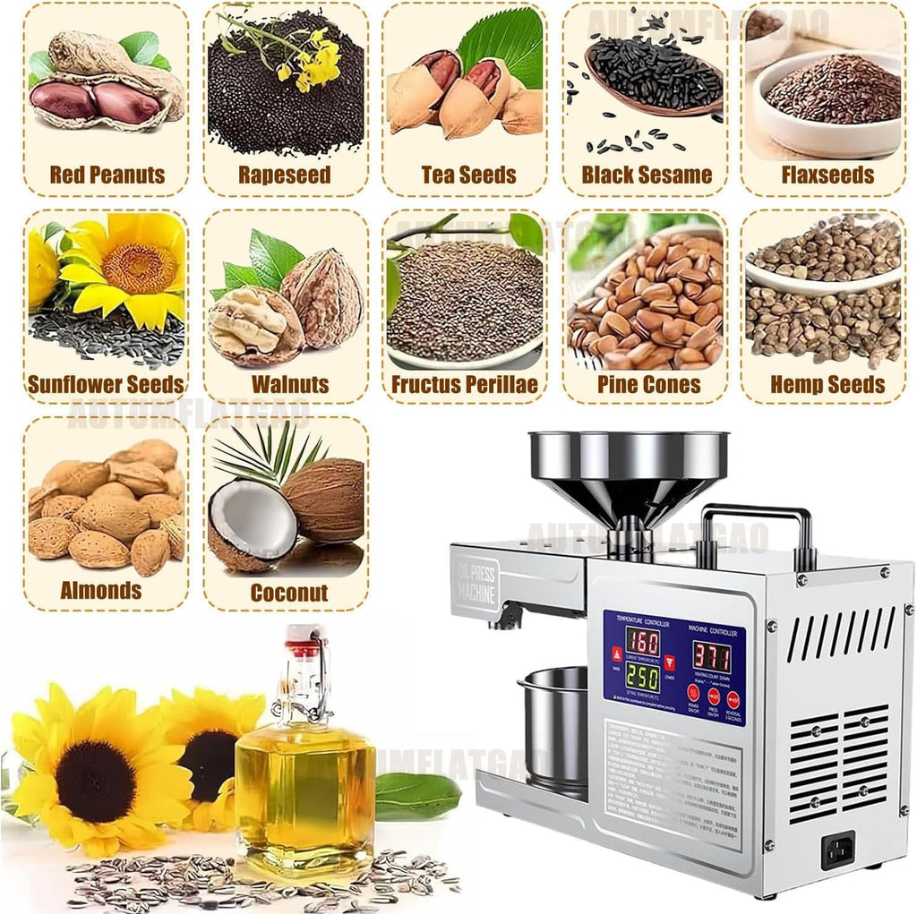 Máquina Prensa de Azeite de Oliva Automática 820W, Extrator de Óleo Elétrico a Frio e a Quente para Casa, para Azeitonas, Amendoins, Gergelim, Soja e Nozes