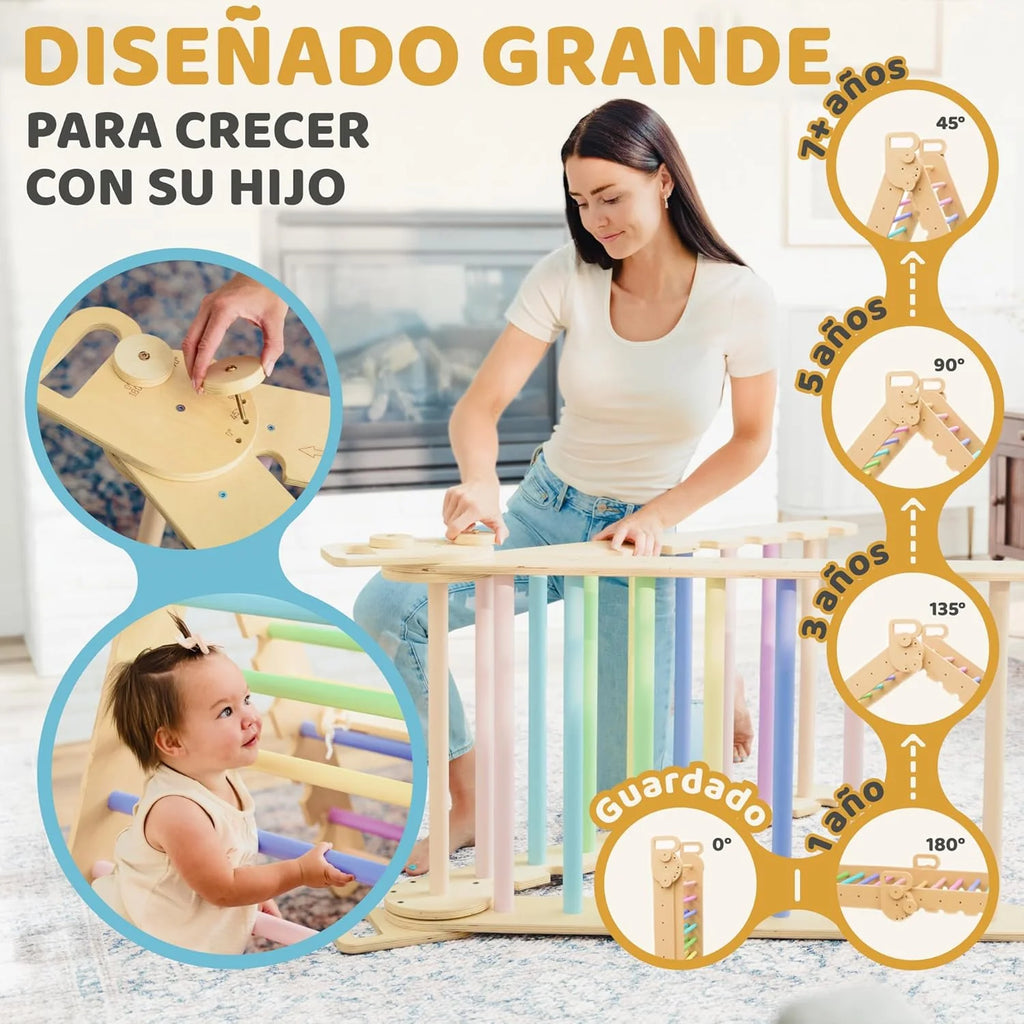 9 em 1 Triângulo Pikler Montessori Grande de 1 a 7+ anos, 5 Ângulos Ajustáveis, Parque Infantil Interno e Externo em Madeira para Escalada com Arco Pikler e Rampa Pikler para Crianças