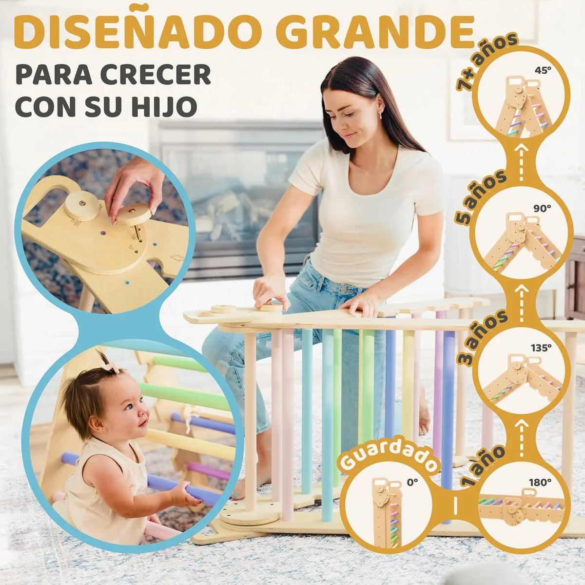 9 em 1 Triângulo Pikler Montessori Grande de 1 a 7+ anos, 5 Ângulos Ajustáveis, Parque Infantil Interno e Externo em Madeira para Escalada com Arco Pikler e Rampa Pikler para Crianças
