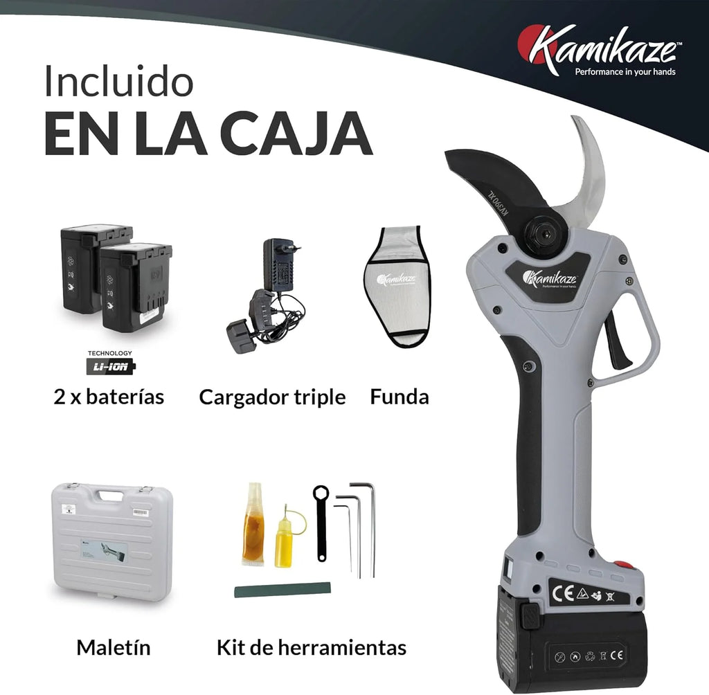 KAMIKAZE KV390 Tesoura de Poda Elétrica Profissional com Bateria de Lítio 21,6V, Ø35mm de Corte, 2 Baterias e Carregador Triplo, Ecrã Inteligente, Kit de Manutenção e Mala de Transporte