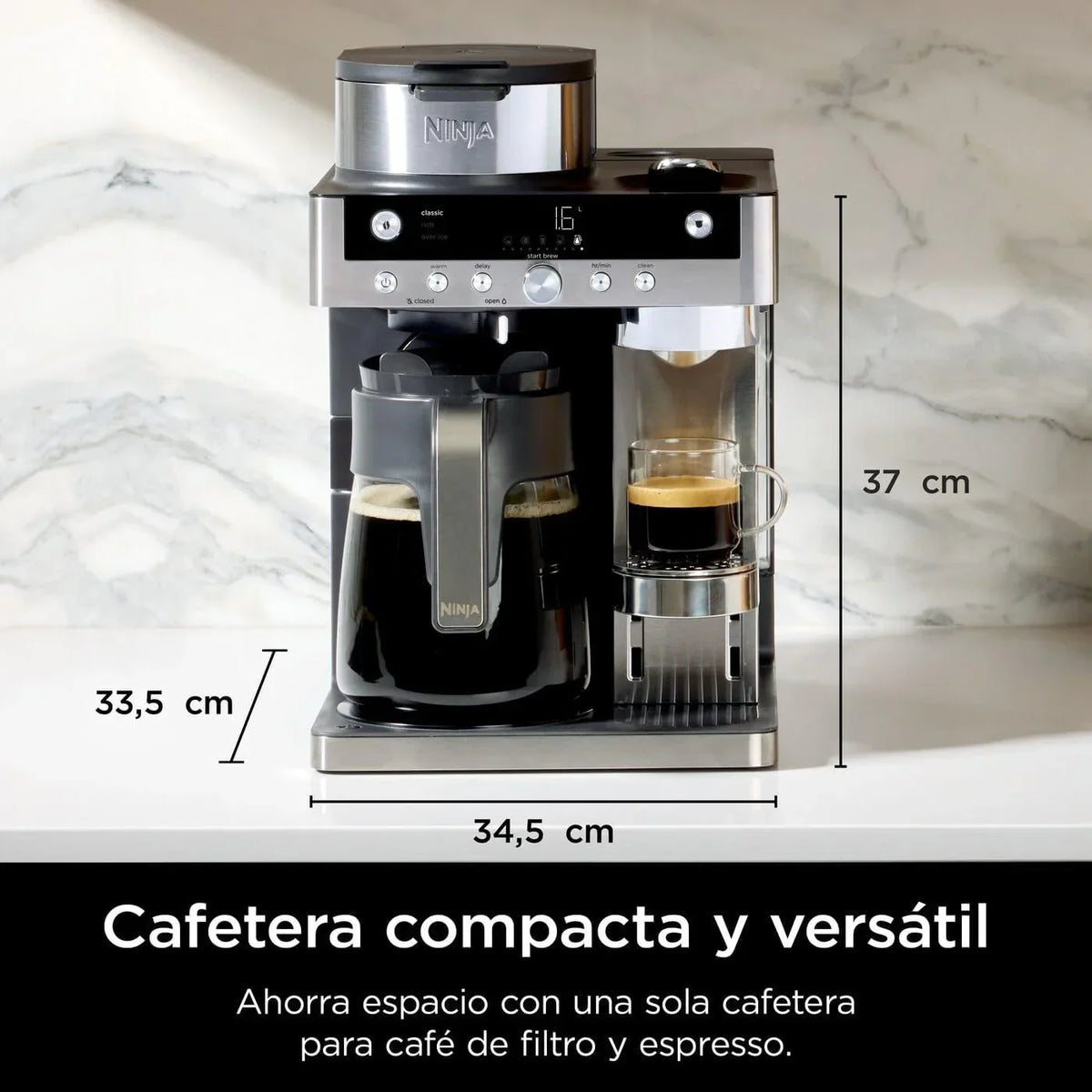 Cafeteira Ninja Prestige CFN802EU 2 em 1 para Café Moído e Cápsulas, com Moedor Embutido, Prepara Lattes, Iced Coffees e Flat Whites, Preta