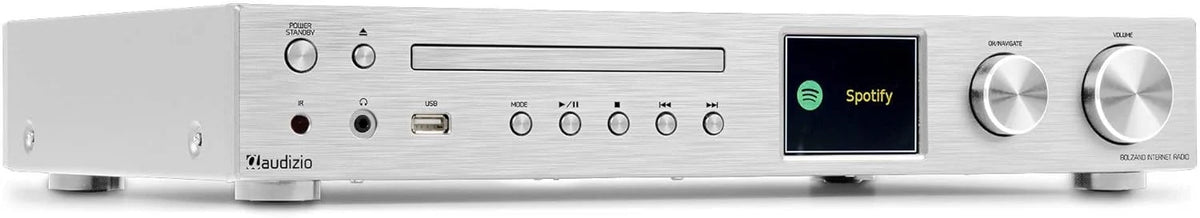 Audizio Bolzano - Rádio Internet DAB+ e FM WLAN Bluetooth, Leitor de CD, Spotify Connect, Despertador, 40.000 Estações, Controlo Remoto e por App, Conexão Toslink e Subwoofer, Prateado