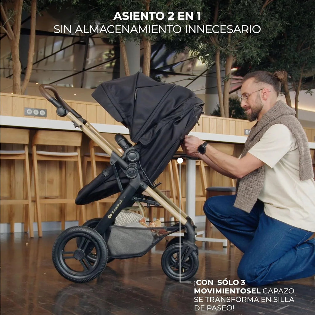 Kinderkraft MOOV XL 3 em 1, Carrinho de Bebê até 27 kg, com Cadeira Auto I-SIZE 40-75 cm, Dobrável, Amortecido, Conversível, Alcofa XL, Com acessórios, Cinza Claro